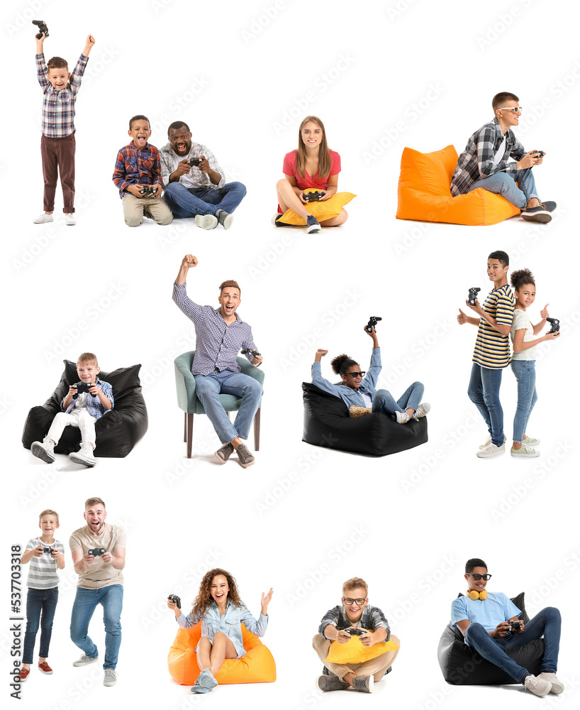 Obraz premium Set of people playing video games isolated on white