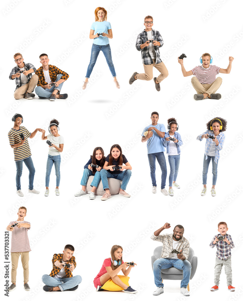 Obraz premium Set of people playing video games isolated on white