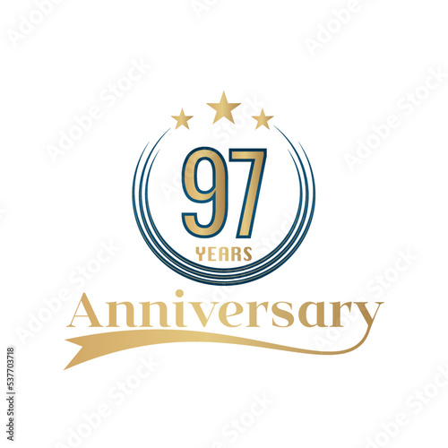 97 Year Anniversary Vector Template Design Illustration. Gold And Blue color design with ribbon