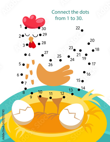Connect dots from 1 to 30. Educational puzzle game. Math and numbers. Cute chicken in nest with eggs. Activity page for children. Vector illustration.