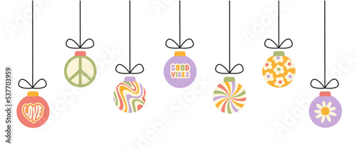 Retro horizontal banner with hanging groovy christmas balls isolated on a white background. Holiday Vector illustration in style 60s, 70s. Pastel colors