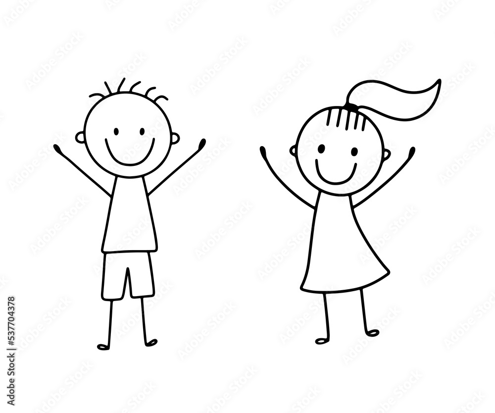 Cute stick smiling happy girl and boy. Vector illustration in doodle style isolated on white. Kids wave hands Cute stick smiling happy girl and boy. Vector illustration in doodle style isolated on white. Kids wave hands