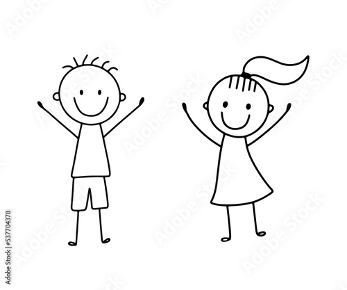 Cute stick smiling happy girl and boy. Vector illustration in doodle style isolated on white. Kids wave hands