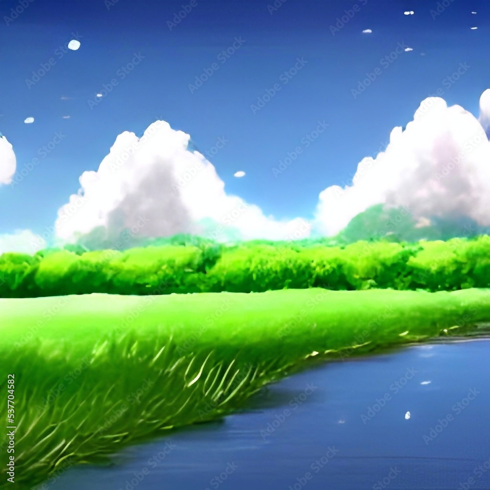 Riverside grass and sky 2d Anime scenery Background 