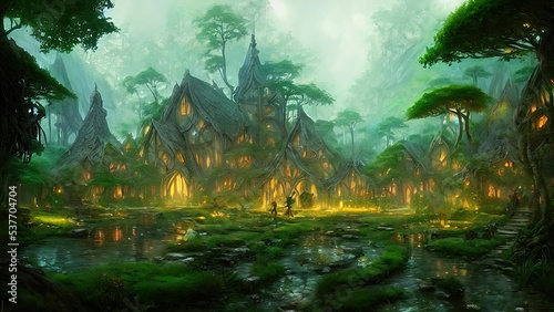 Mysterious village in the forest  Fairy tale adventure  book cover.