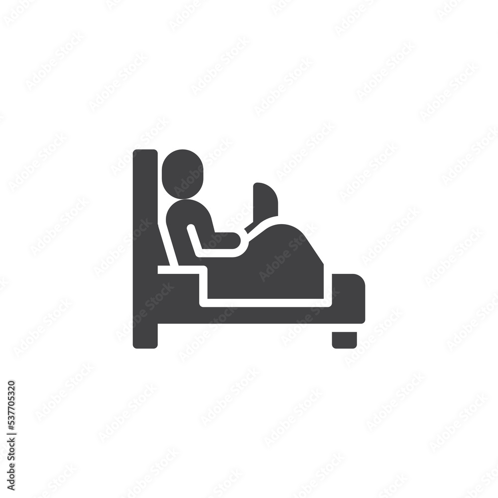Man with laptop on bed vector icon Man with laptop on bed vector icon