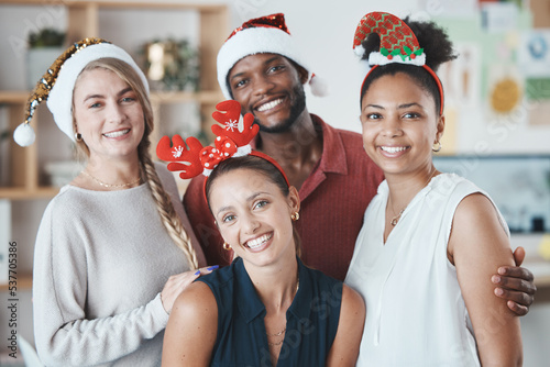 Office team, Christmas party and celebration with a smile at work. Diversity, workers and happy business people celebrating holiday together at party, festive group or financial year at the company