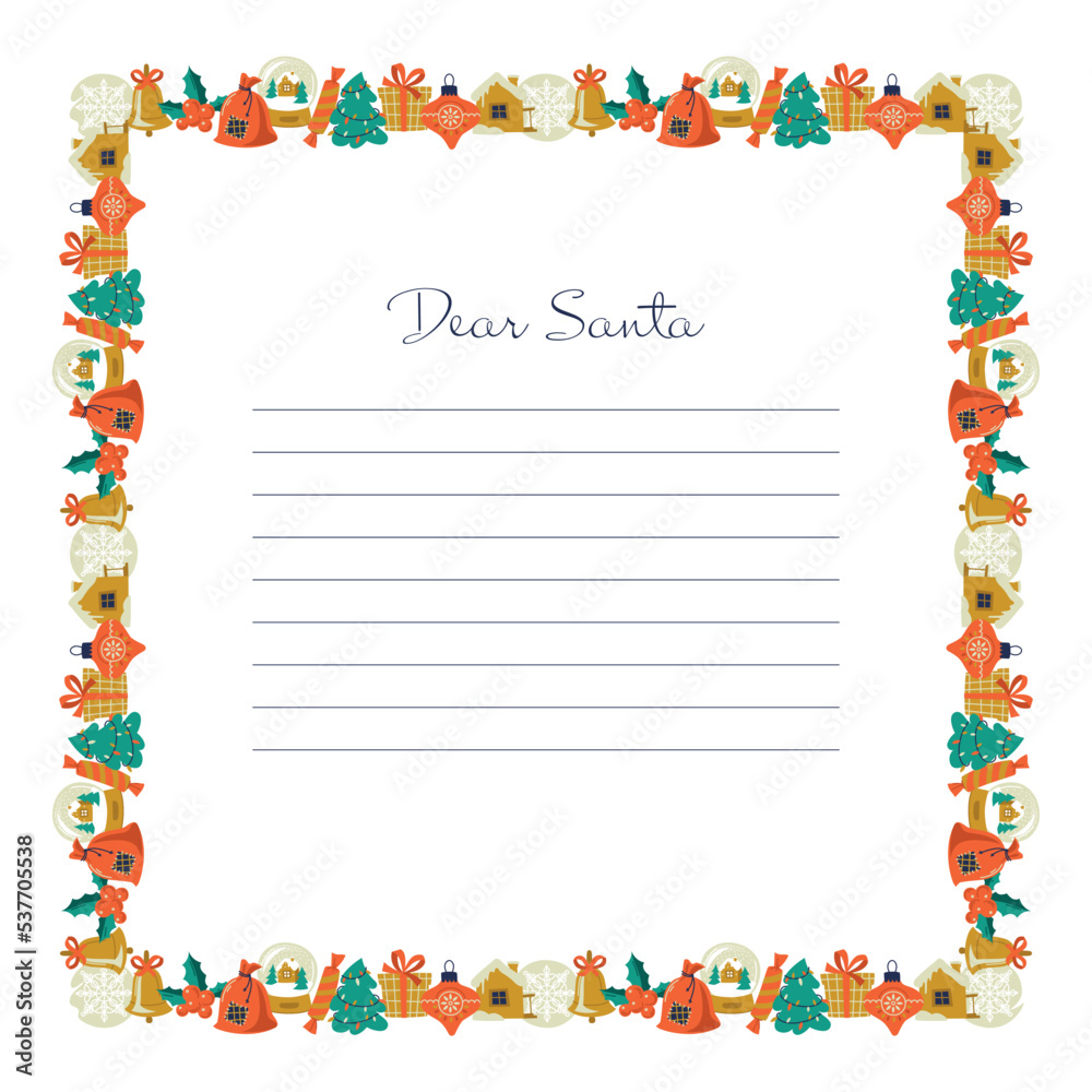 Fototapeta premium Christmas frame. Christmas border. Ribbon from Christmas elements. Letter to Santa Claus. Vector image.