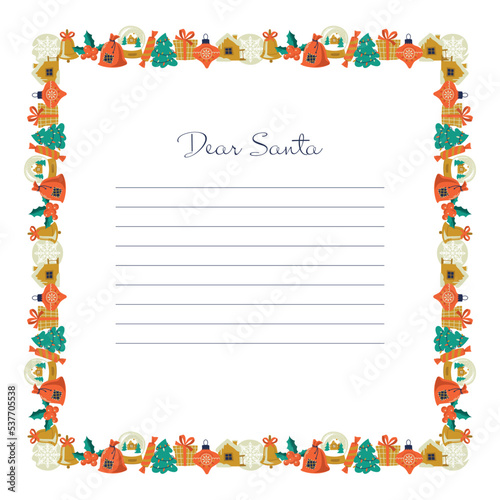Christmas frame. Christmas border. Ribbon from Christmas elements. Letter to Santa Claus. Vector image.