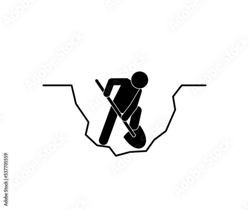 man digs a hole, stick figure icon, human silhouette with a shovel