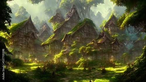 Mysterious village in the forest, Fairy tale adventure, book cover.