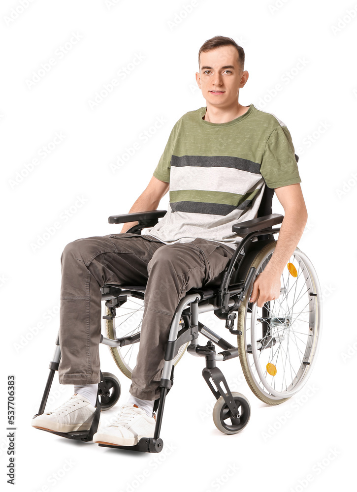 Young man in wheelchair isolated on white Young man in wheelchair isolated on white