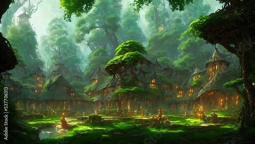 Mysterious village in the forest, Fairy tale adventure, book cover. © Korney