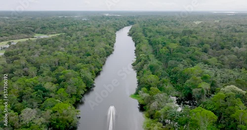 Speedboat navigating waters of Rio Negro, Amazon. Aerial, flying forward photo