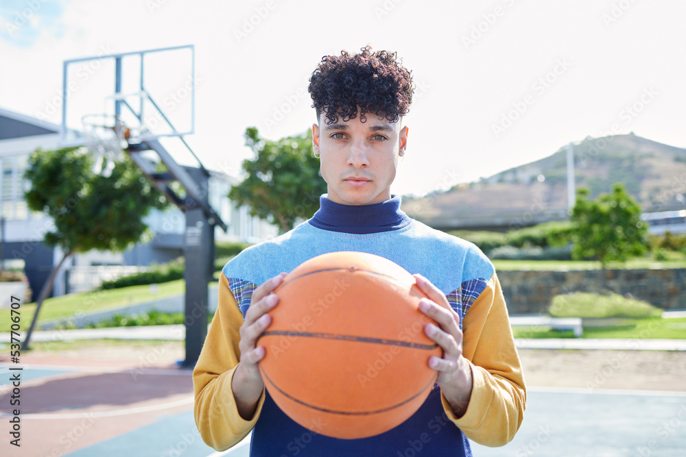Basketball, sports and man training for game on an outdoor court in summer. Portrait of a professional athlete with motivation playing cardio sport and fitness with a ball for competition or event Basketball, sports and man training for game on an outdoor court in summer. Portrait of a professional athlete with motivation playing cardio sport and fitness with a ball for competition or event