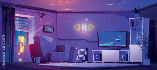 Living room interior at night with furniture and gamer stuff. Armchair, tv set with video game on screen, console, gamepads, plasmic lamp, rug, cupboard and clock on wall, Cartoon vector illustration