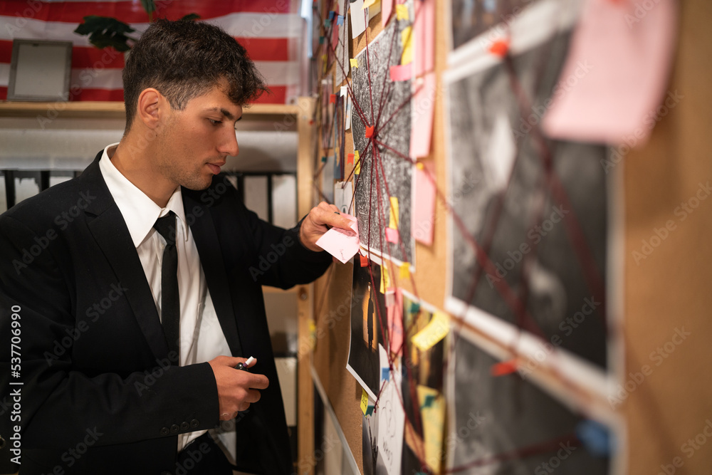 Poster Detective looking on investigation board with photos of ...