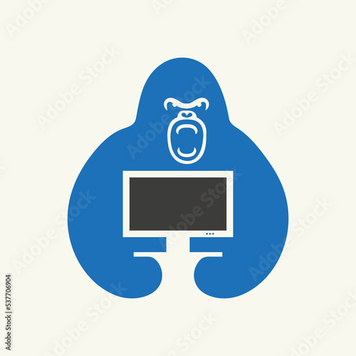 Gorilla Monitor Logo Negative Space Concept Vector Template. Gorilla Holding Monitor Symbol