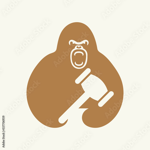 Gorilla Law Logo Negative Space Concept Vector Template. Gorilla Holding Hammer Symbol