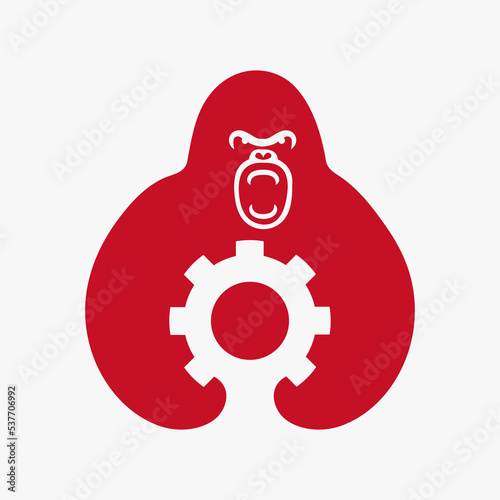Gorilla Gear Logo Negative Space Concept Vector Template. Gorilla Holding Gear Symbol