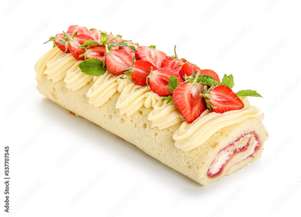 Tasty strawberry roll cake on white background Tasty strawberry roll cake on white background