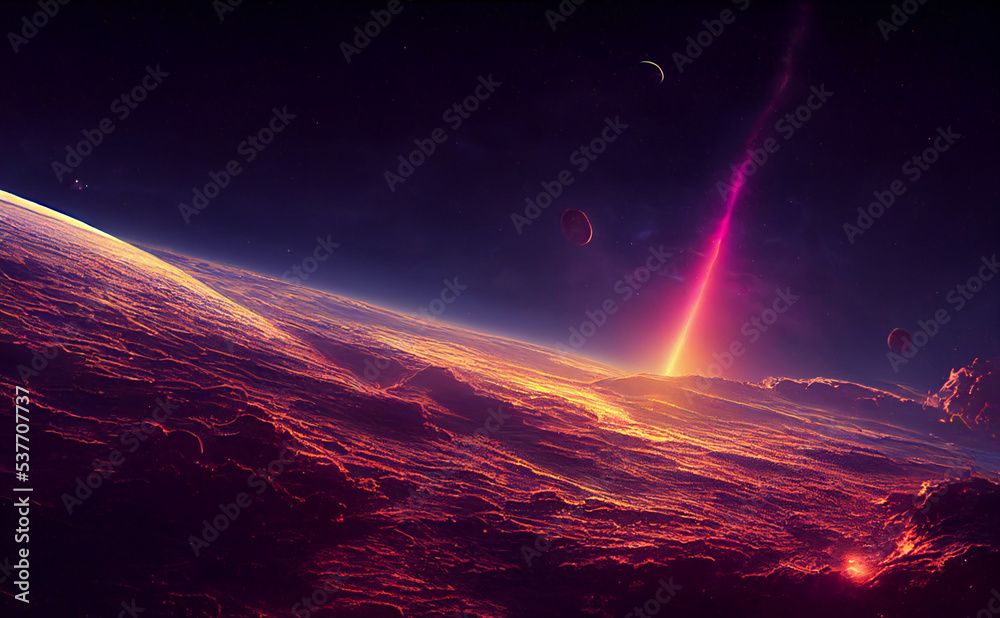 Somewhere in the space with meteorite strikes down to the surface of the planet. Sci-Fi concept