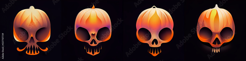 Cute pumpkin ghost collection for halloween, Orange skull pumpkin design in black background. Cute pumpkin ghost collection for halloween, Orange skull pumpkin design in black background.