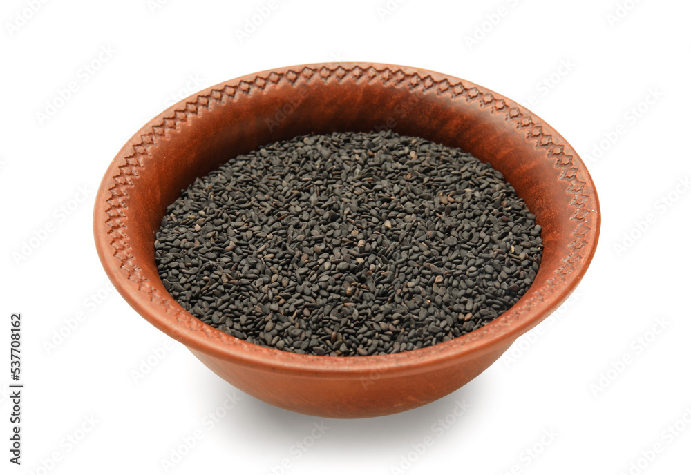 Bowl of black sesame seeds isolated on white background Bowl of black sesame seeds isolated on white background