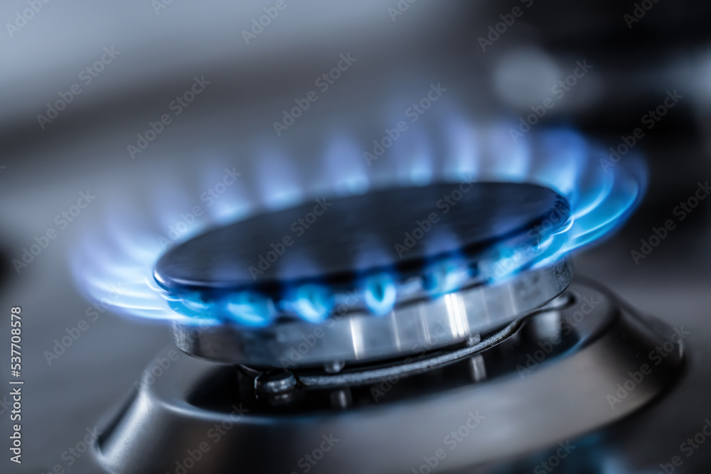 The gas burner burns with the blue flame of a propane butane stove in a home kitchen or hotel restaurant