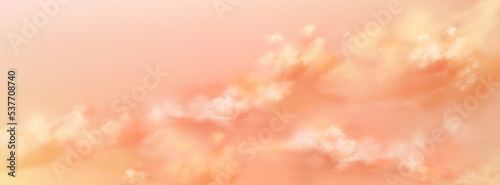 Fantastic peach sky background with soft pink cloud texture. Pastel heaven or paradise background. Amazing sunset or sunrise natural cloudscape. Religion and hope. Realistic vector illustration