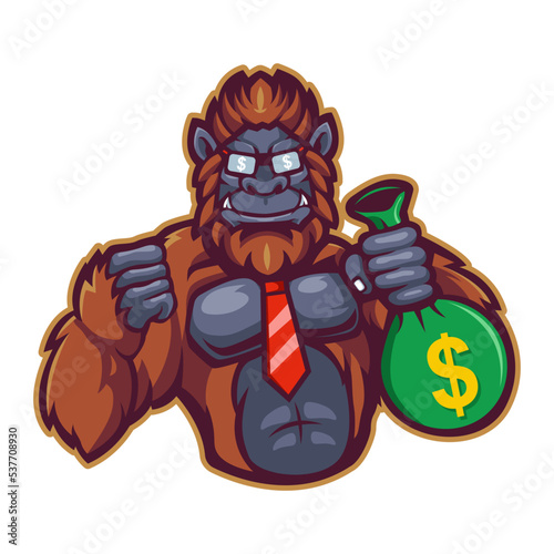 Bigfoot Sasquatch holding money bag mascot cartoon isolated on white background