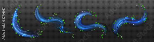 Freshness effect, blue air or wind flow with green leaves. Glow waves and swirls, wand trails, fresh menthol breath or detergent isolated on transparent background, Realistic 3d vector illustration