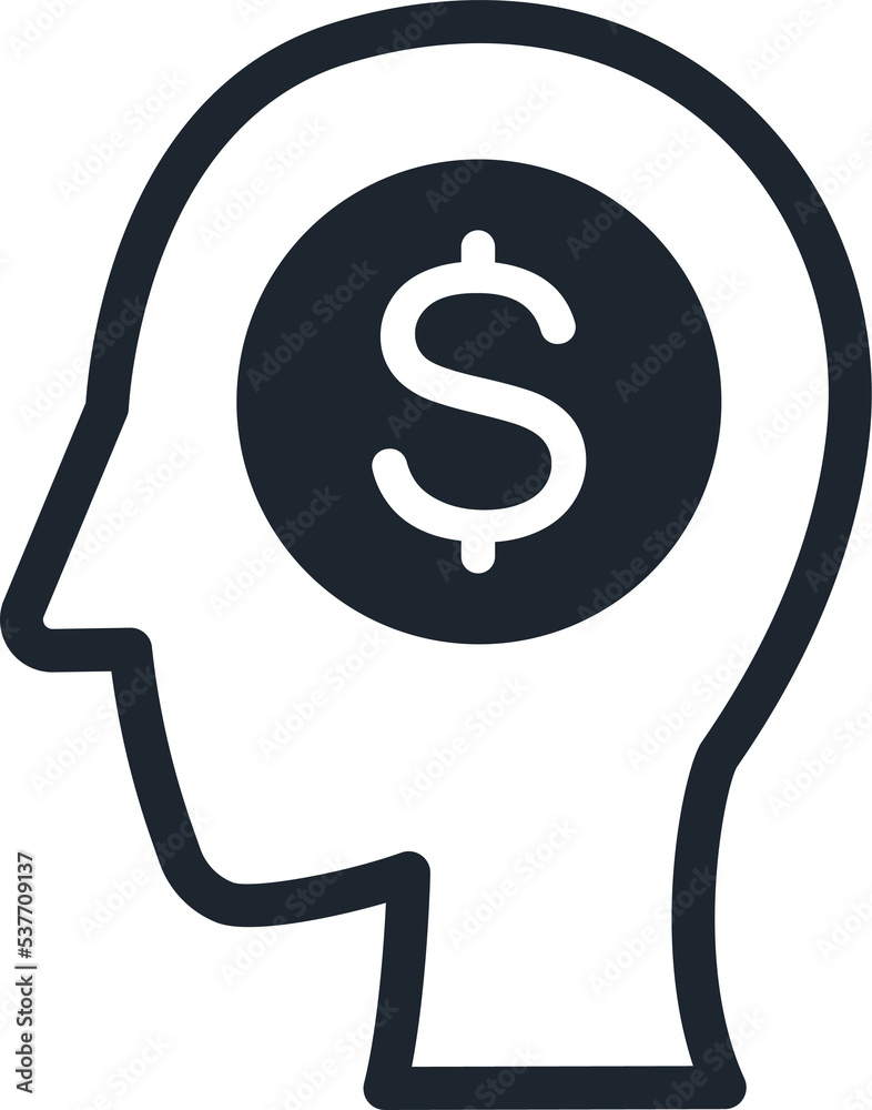 Icon human head with stack of Coin inside, Simple icon in financial business concepts. Icon human head with stack of Coin inside, Simple icon in financial business concepts.