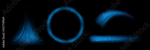 Air flow, wind blowing effect, fresh cold trails and round frame. Clean light mist, smoke or blizzard isolated on black background. Blue flow streams, freezing fog, Realistic 3d vector illustration