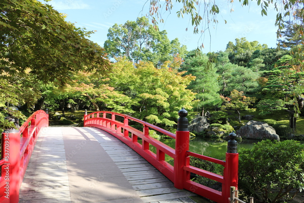 日本の庭園にある赤い橋と木々と水面の反射