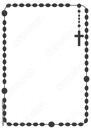 Rosary beads frame with copyspace for text. Chain and cross. Religion christian catholic symbol. Vector silhouette border.