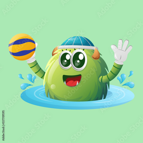 Cute green monster playing waterpolo
