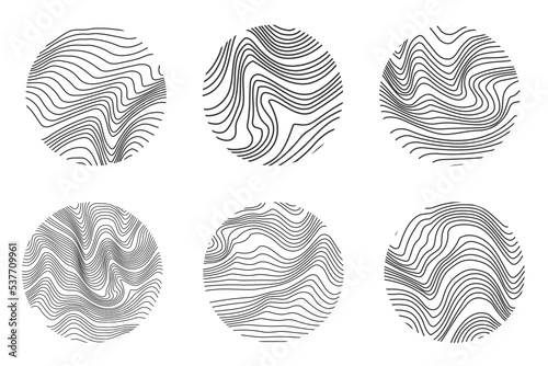 Wood texture with topography lines. Organic ripple wavy patterns. Tree rings set. Vector doodle illustration.