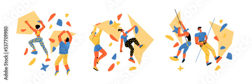Collection of images of young people on the climbing wall. Indoor climbing training. Isolated characters