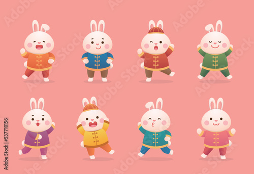 Chinese lunar new year with cute rabbit character or mascot, traditional chinese dress, 2023 rabbit year design, vector cartoon style, set
