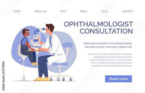Eye examination procedure, vision correction, laser surgery technology. Ophthalmologist and pediatric patient. Vector characters flat cartoon illustration. Web template, landing page, website.