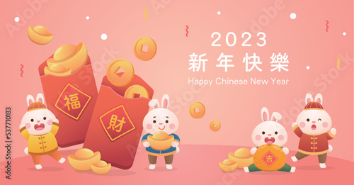 Lantern Festival or Chinese New Year with cute rabbit character or mascot, Year of the Rabbit design, dumplings made of glutinous rice, vector cartoon style, Chinese translation: Lantern Festival © wen