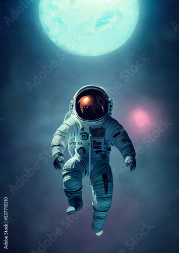 Astronaut in action poses floating in space with planets and mysterious lights as background