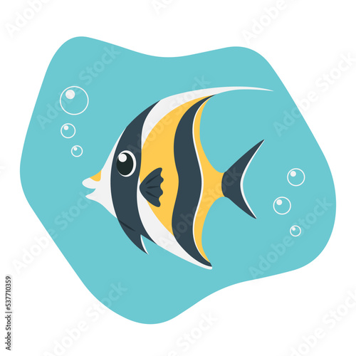 Cute striped Moorish idol or Zanclus cornutus with bubbles. Cartoon tropical fish living in the coral reef. Element for summer design. Isolated on white background. Flat vector illustration