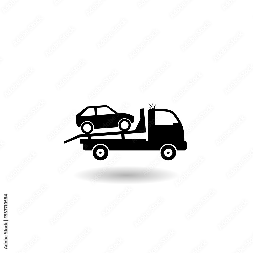 Towing truck van with car sign icon with shadow
