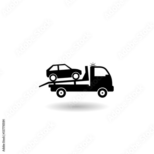 Towing truck van with car sign icon with shadow