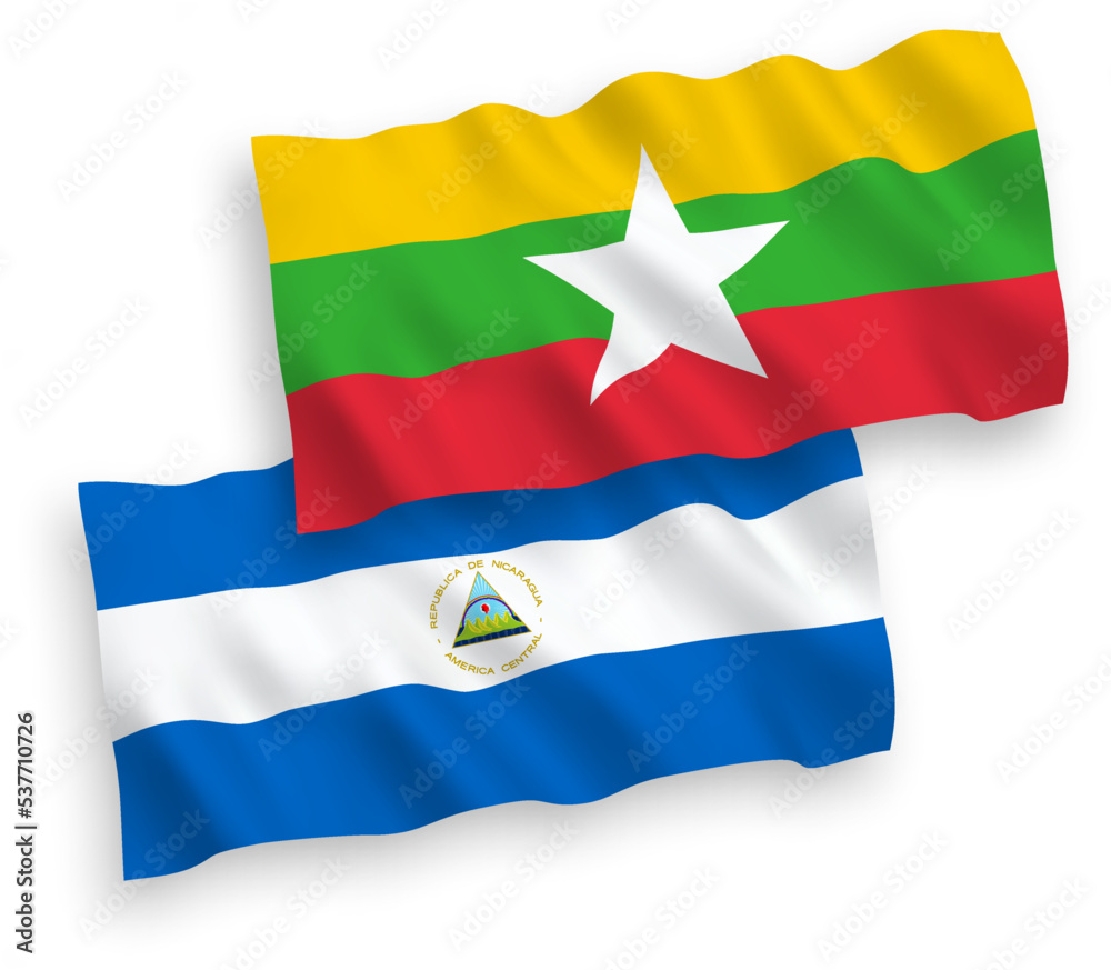 Flags of Nicaragua and Myanmar on a white background Flags of Nicaragua and Myanmar on a white background