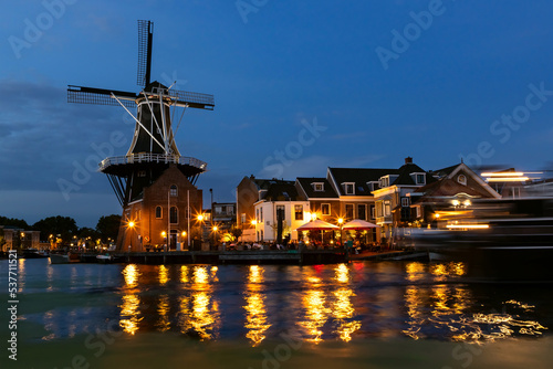 Historic Windmill de Adriaan in the old city centre of Haarlem, Netherlands