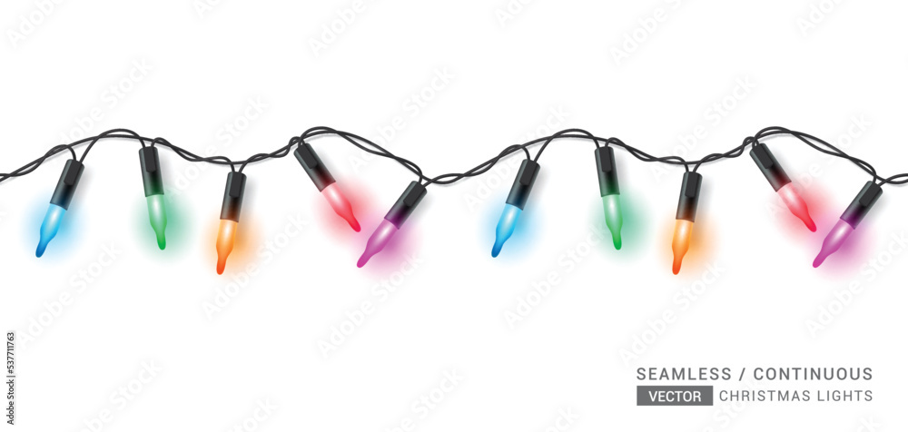 Christmas seamless lights vector design. Seamless sparkling xmas light with hanging colorful glowing bulb isolated in white background. Vector Illustration.