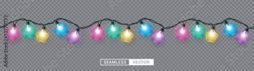 Christmas seamless lights vector design. Seamless decoration with colored star shape light for holiday background. Vector Illustration.
